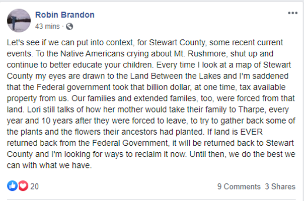 Stewart County Mayor Robin Brandon tells Indigenous Peoples to shut up about Mount Rushmore (Source Facebook)