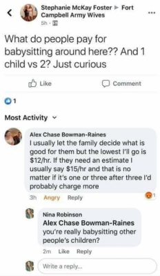 Alex Bowman-Raines soliciting babysitting on Fort Campbell Army Wives (Source Facebook)
