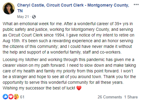 Cheryl Castle Public Resignation Post (Source Facebook)